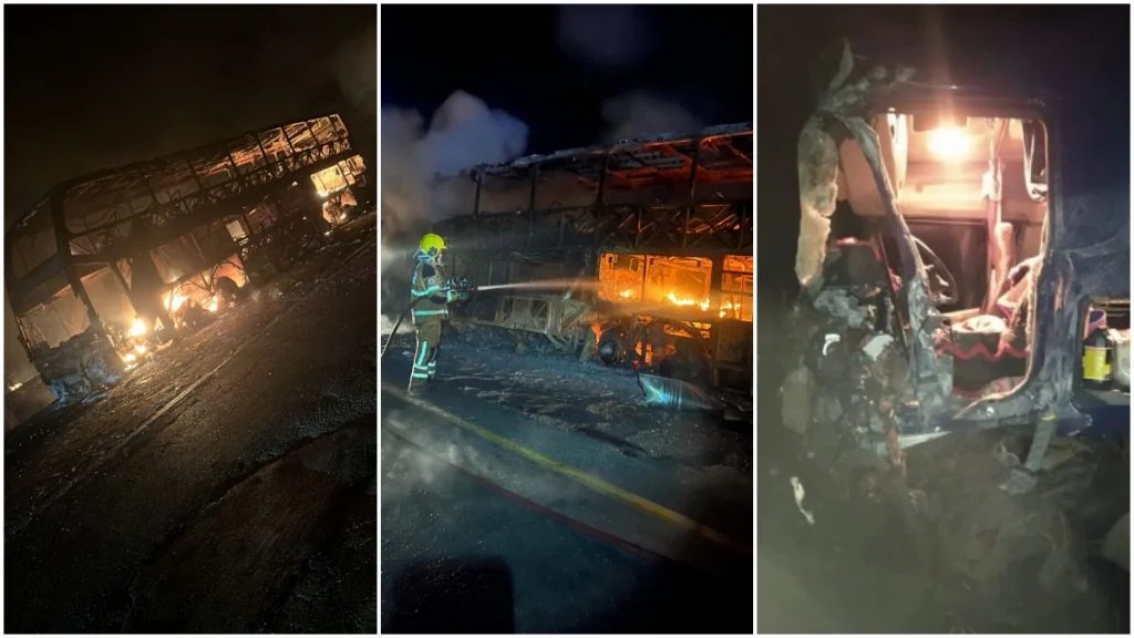 Ônibus com mais de 40 pessoas pega fogo após colisão