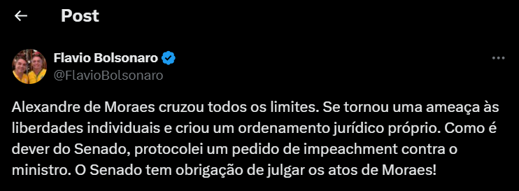 Flávio Bolsonaro protocola novo pedido de impeachment contra Alexandre de Moraes