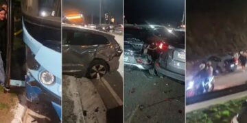 Ônibus perde controle e bate em seis carros na MG-030